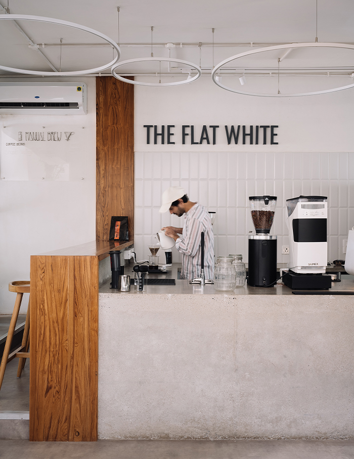 The Flat White Coffee House in Surat is a vision in white