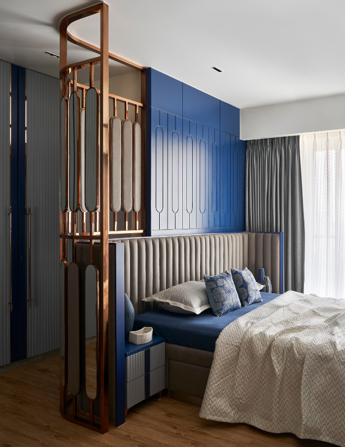 Cobalt blue shades used in the art deco inspired master bedroom