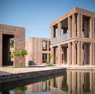 |RIBA International Prize 2021 winner|RIBA International Prize 2021 winner|RIBA International Prize 2021 winner||||||At either ends of the scintillating canal lie large tanks that cradle harvested water. Treated water is a great source for the campus since the saline groundwater is unfit for consumption; Photograph by Hélène Binet