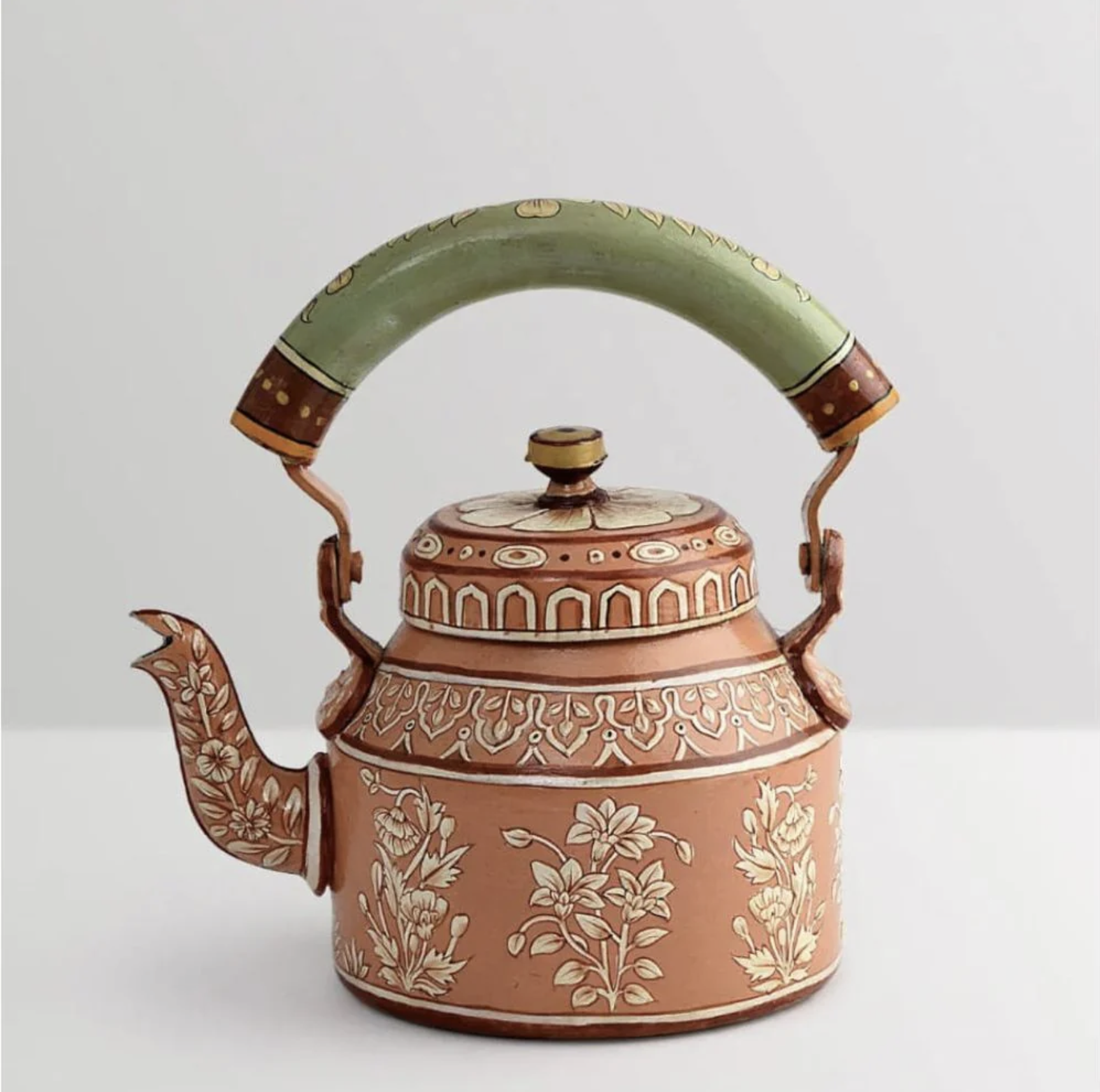 Lovely hand painted brown peach metal kettle  