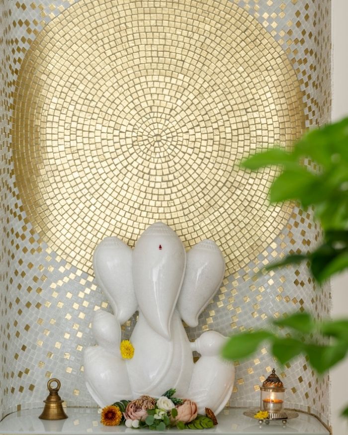 Gold for Ganesh, the glass mosaic work is by Laxmi Leela; Photography by Prashant Bhat