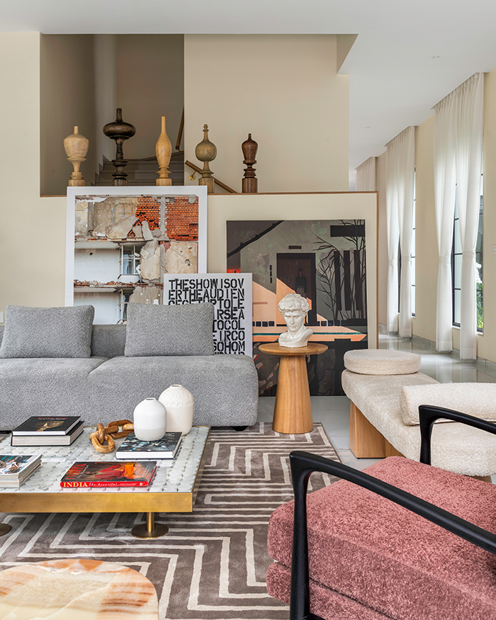 Turned finials and artworks gracing the living room