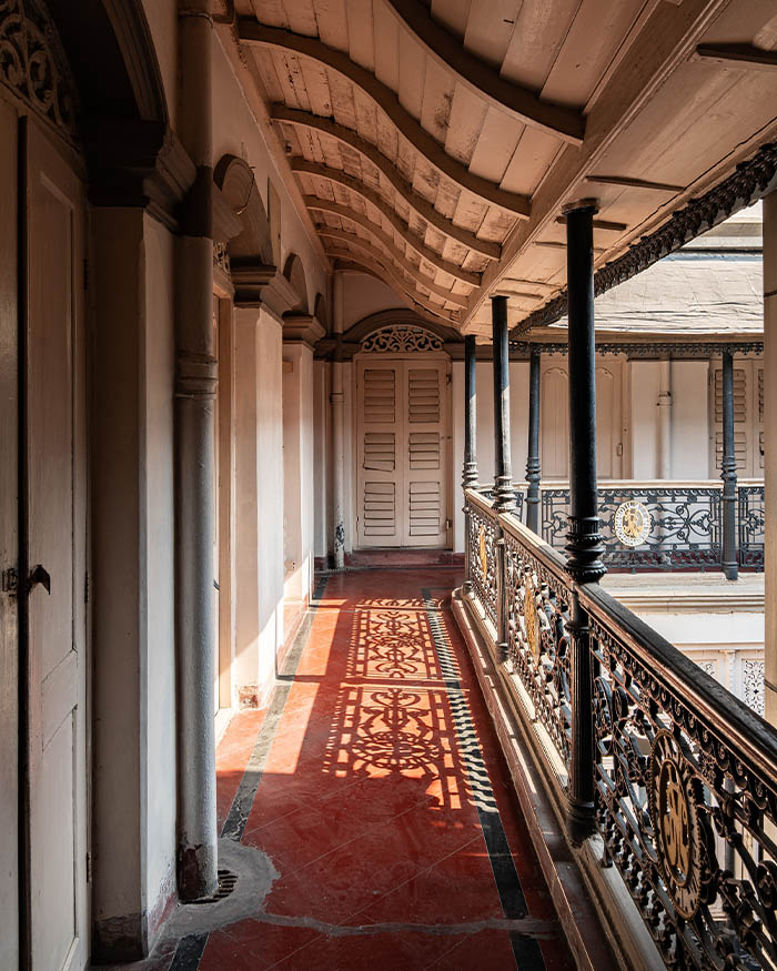 Upon ascending to the mansion’s highest level, the flooring gives way to an earthy terrazzo variety, most likely cast in situ; Photography by Rohit Ganguly