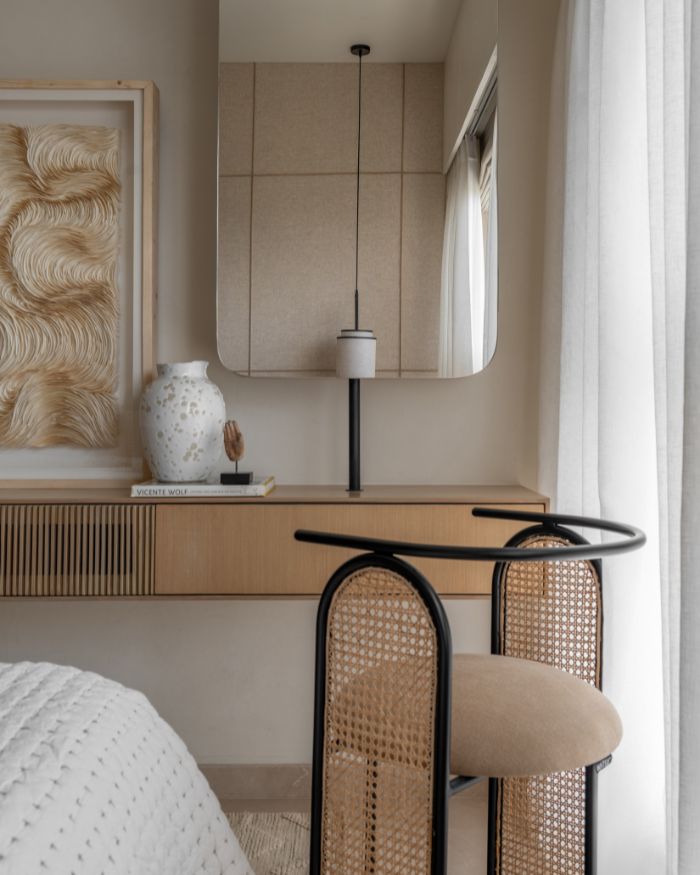 Functional yet minimal, the furniture adds to the Japanese theme with an avant-garde, semi-cane chair by Hatsu; Styling by Riddhika Jesrani;Photography by @thekuber @evolve.studio_