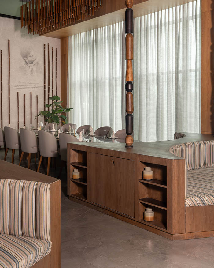 The restaurant’s design blends portrait murals of maestros and Indian classical music instruments, typically tabla and harmonium concepts transform dining into an artistic, nostalgic experience; Photography by Rohit Think