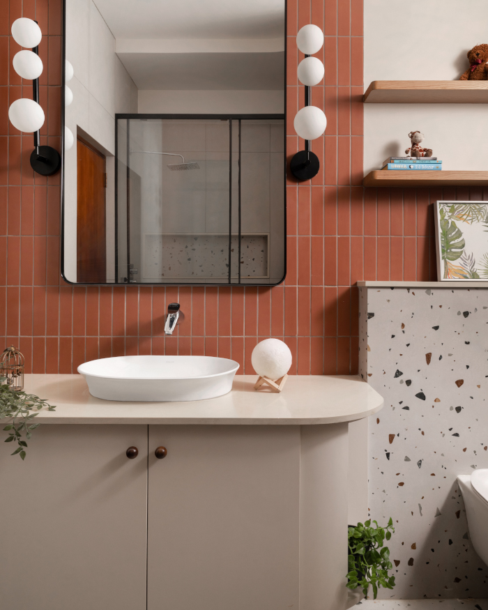 The sleek Cirque Mono Lights from Whispering Homes illuminate the rich, tactile depth of TerraQ wall tiles and terrazzo finishes; Styling by Apoorva Nayak, Photography by Arjun Krishna