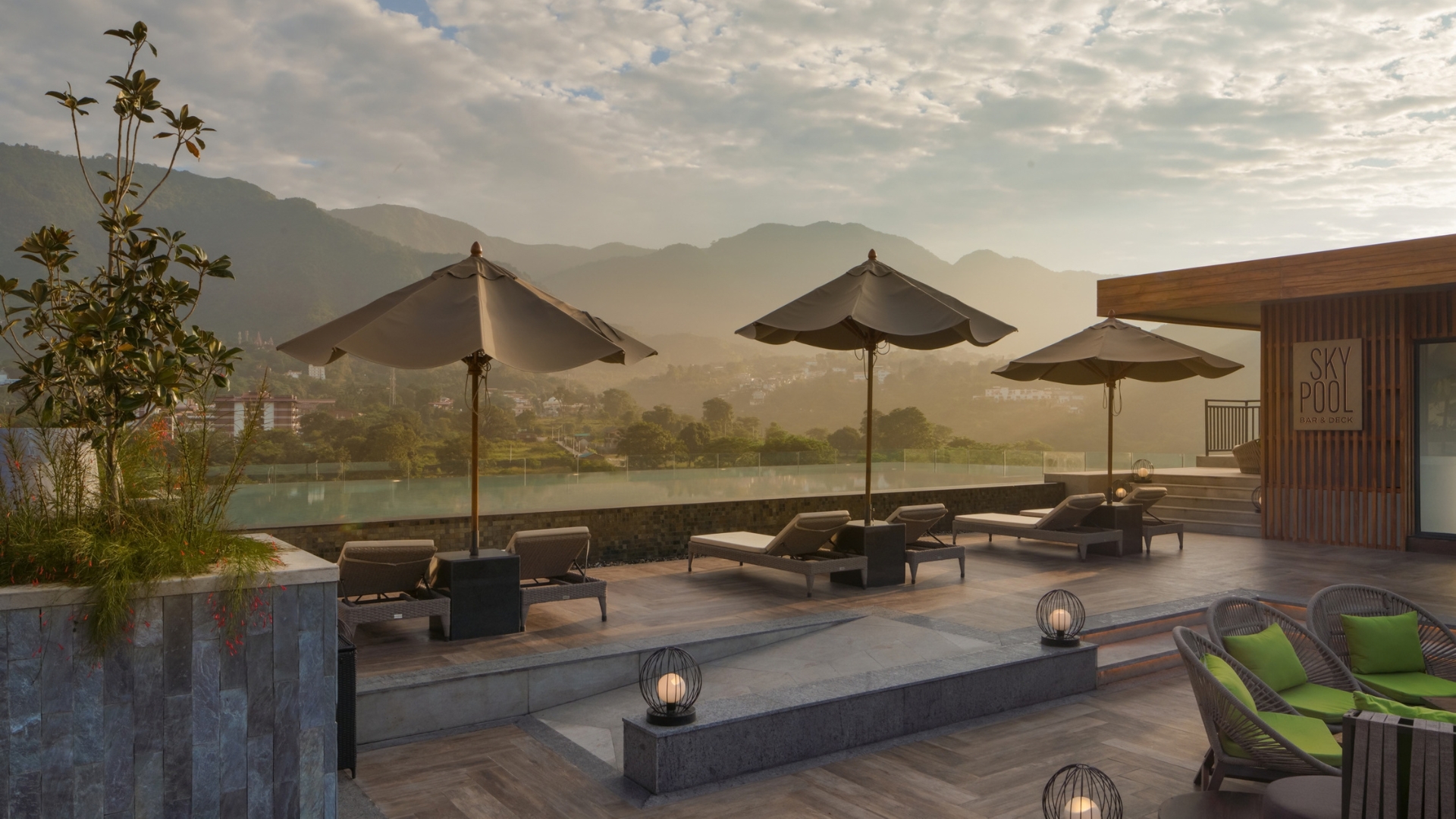 Patio tables shaded my umbrellas overlooking the scenery