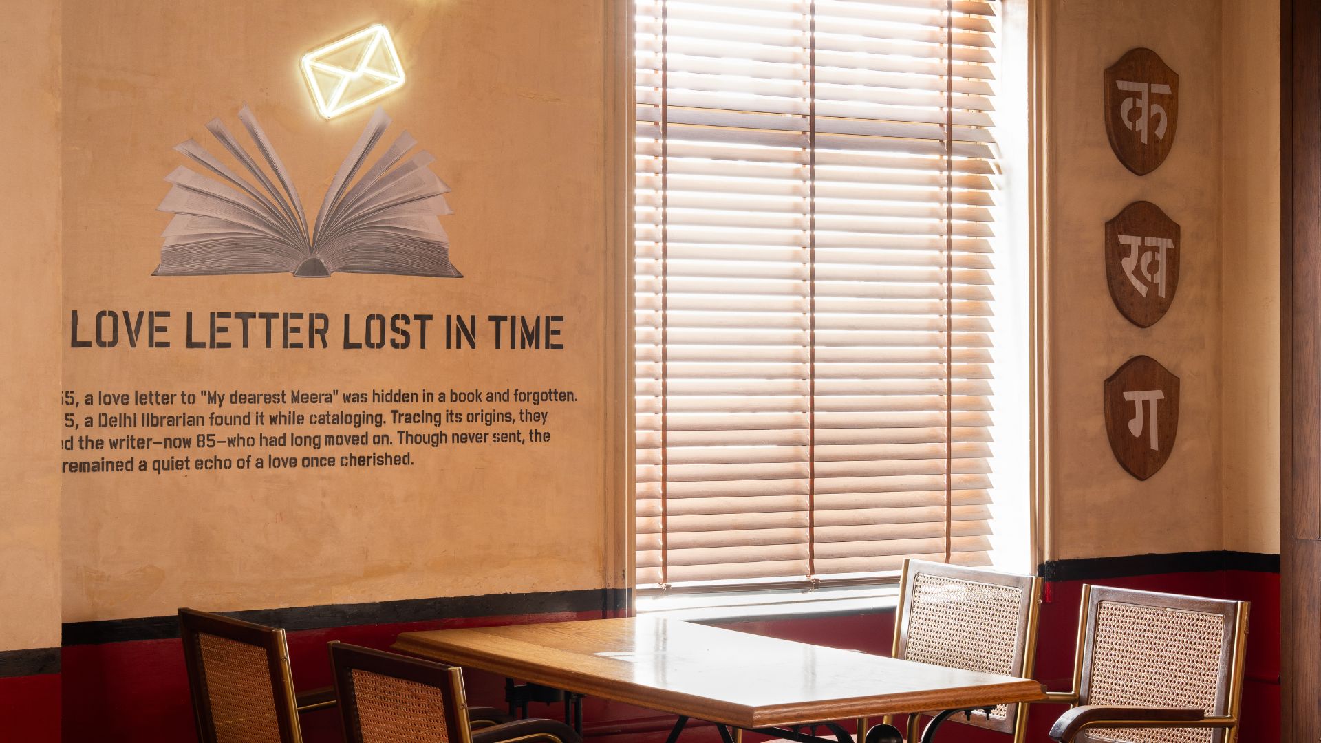 Neon envelopes take flight from an illustrated book on the wall, part of the Love Letter Lost in Time installation
